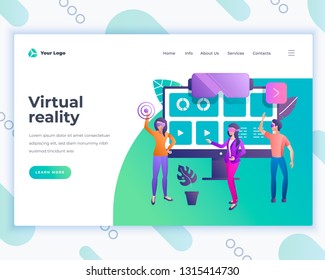 Landing page template virtual reality concept with office people. Modern flat design web page design for website and mobile website. Vector illustration