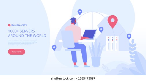 Landing page template of VPN security software for computers and smartphones. VPN protection. Online secure connection. Computer virtual private network. Web security scheme. Flat vector illustration