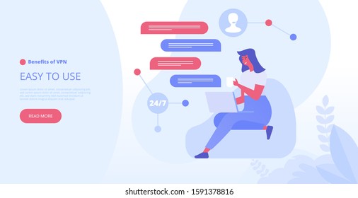 Landing page template of VPN security software for computers and smartphones. VPN protection. Online secure connection. Computer virtual private network. Web security scheme. Flat vector illustration