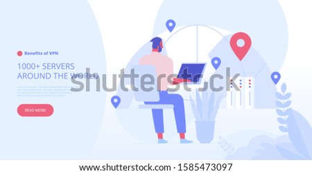 Landing page template of VPN security software for computers and smartphones. VPN protection. Online secure connection. Computer virtual private network. Web security scheme. Flat vector illustration