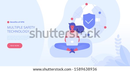 Landing page template of VPN security software for computers and smartphones. VPN protection. Online secure connection. Computer virtual private network. Web security scheme. Flat vector illustration
