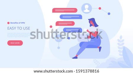 Landing page template of VPN security software for computers and smartphones. VPN protection. Online secure connection. Computer virtual private network. Web security scheme. Flat vector illustration