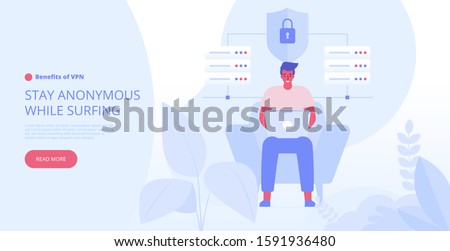 Landing page template of VPN security software for computers and smartphones. VPN protection. Online secure connection. Computer virtual private network. Web security scheme. Flat vector illustration