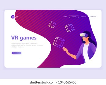 Landing page template. VR gaming, Video gaming, online games. Woman with VR glasses. Flat vector illustration concepts for a web page or website