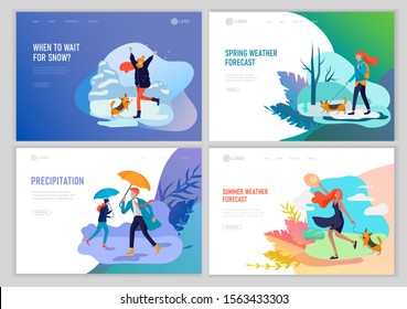 Landing page template for weather forecast. People character in various weather conditions, in seasonal clothes, enjoys walking on street in rain, snowfall, summer heat. Vector cartoon illustration