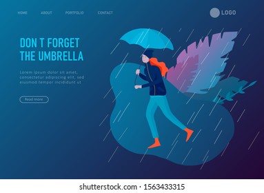 Landing page template for weather forecast. Various stylish people character go on street under umbrellas in warm clothes. Autumn or spring rainy weather. Colored trendy cartoon vector illustration