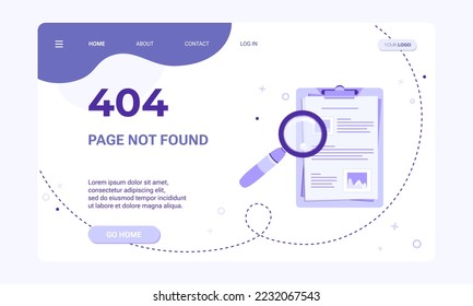 Landing page template for web page with 404 error. Page not found banner template. Flat illustration of clipboard with magnifying glass and document with pics and on purple background
