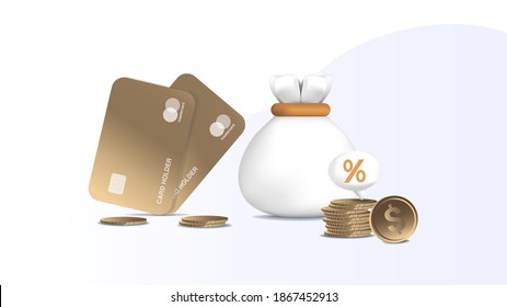 Landing page template for web banner: money, cards, coins. Saving money, online banking, cashback. Gold set. Modern isolated vector illustration