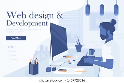 Landing page template of Web Design and Development. Young man freelancer sitting in modern workspace. Modern flat design concept of web page design for website and mobile website. Vector Illustration