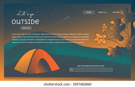 Landing page template. web page design for travel, tourism, holiday and nature. camping with tent illustration. 