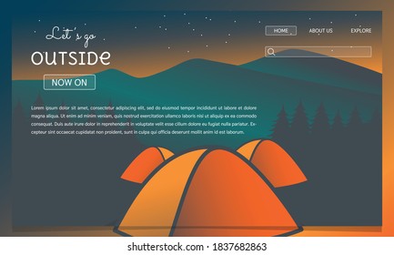 Landing page template. web page design for travel, tourism, holiday and nature. camping with tent illustration. 