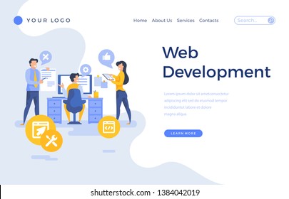 Landing page template web development concept with people characters. Modern flat design web page for website and mobile apps. Vector illustration