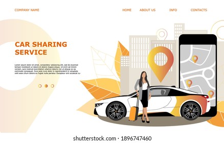 Planilla de aterrizaje página web de alquiler o alquiler de coches, venta y alquiler de coches, servicios de automoción, seguros, compra de coches. Para aplicaciones móviles o para smartphones. Ilustración vectorial. 
