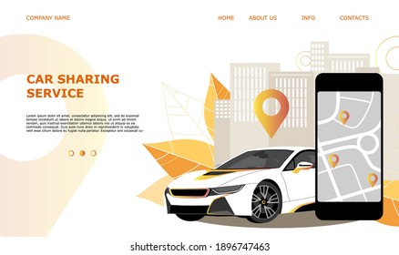 Landing Page Template Web site Carsharing oder Miete ein Auto, Verkauf und Leasing Autos, Automobil-Dienstleistungen, Versicherungen, Kfz-Kauf. Für mobile oder Smartphone-Anwendungen. Vektorgrafik. 