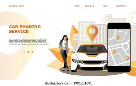 Landing page template web site rent a car or carsharing, sale and leasing cars, automotive services, insurance, car purchase. For mobile or smartphone application. Vector illustration. 