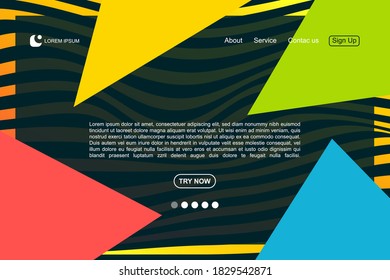 Landing page template for website with abstract wavy lines background and geometric element. Vector