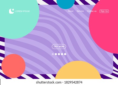 Plantilla de página de inicio para sitio web con fondo de líneas onduladas abstractas y elemento geométrico. Vector