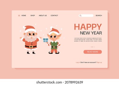 Landing page template. Website banner. Vector illustration. Santa Claus and christmas elf is holding a little gift with bow. 