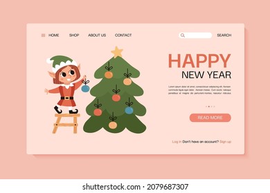 Landing page template. Website banner. Vector illustration with elf who decorates christmas tree with ornaments.