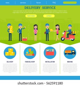 Landing page template for website of delivery company with list of services in flat style vector illustration