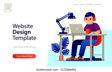 Landing page template website design. Young man sitting in the office at work desk and working with laptop flat style vector line illustration