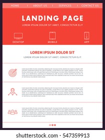 Landing page template, website design, in orange and white, vector illustration