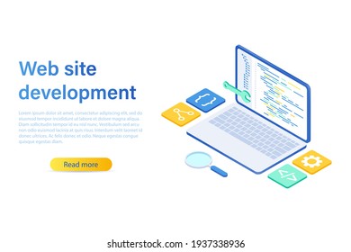 Landing Page Template. Website Development Concept. Tools For Creating A Web Page. Vector Illustration In Isometric Style Isolated On White Background. 