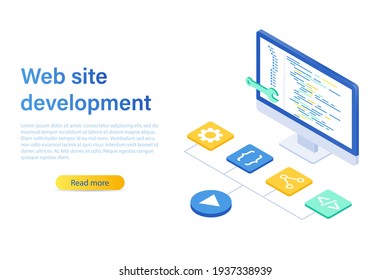 Landing page template. Website development concept. Tools for creating a web page. Vector illustration in isometric style isolated on white background. 