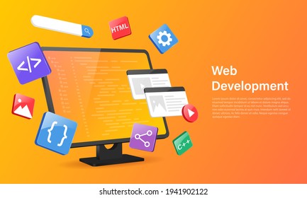 Landing page template. Website development concept. Tools for creating a web page. Vector 3d illustration isolated on orange gradient background.