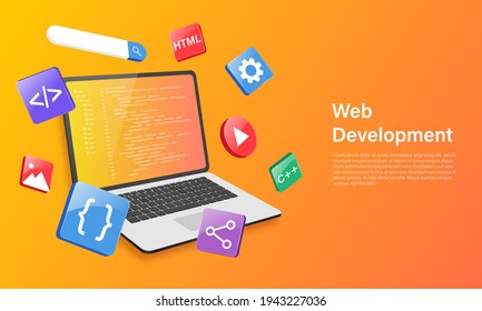 Landing page template. Website development concept. Tools for creating a web page around a laptop. Vector 3d illustration isolated on orange gradient background.