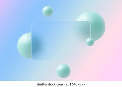 Landing page template for website .Glass partition with floating spheres. Illustration in glass morphism style.