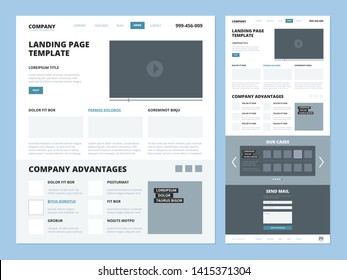 Landing page template. Website layout design elements footer header menu navigation wireframe for internet pages vector ui landing. Wireframe site and navigation page interface menu illustration