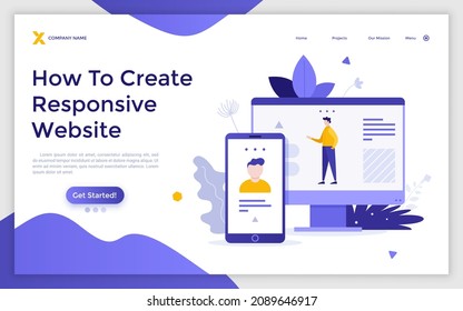 Landing page template with website on screen of computer and smartphone. Concept of responsive web design, cross-platform software, application for different devices. Modern flat vector illustration.