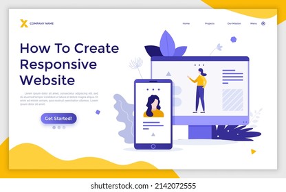 Landing page template with website on screen of computer and smartphone. Concept of responsive web design, cross-platform software, application for different devices. Modern flat vector illustration.