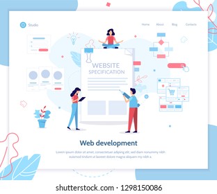 Landing page template. Website specification banner. Web development. Flat vector illustration.