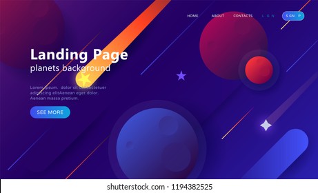Landing page template for websites, or apps with open space, dynamic shapes, falling star and planets. Flat style. Vector illustration