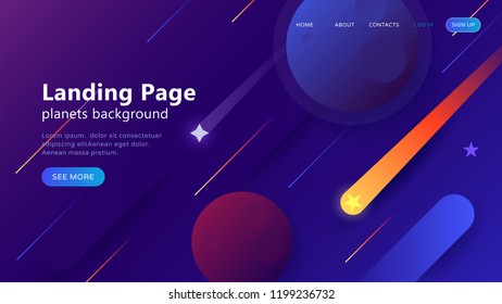 Landing page template for websites, or apps with open space, dynamic shapes, falling star and planets. Flat style. Vector illustration