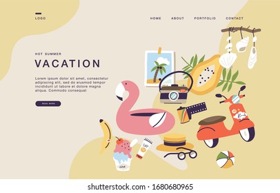 Landing page template for websites with collection icons of summer vacation trip. Cocept of summer vacation