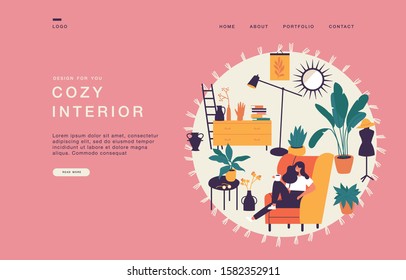 Landing page template for websites girl sitting and resting on the armchair with coffee cup. Cozy interior with homeplants concept banner
