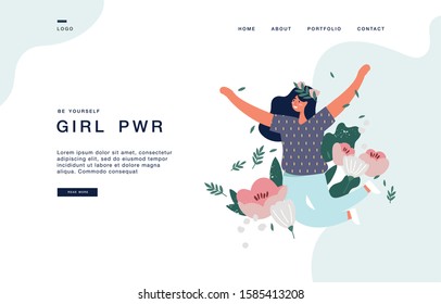 Landing page template for websites with girl jumping with flowers and blossom, leaves. Cocept happy woman enjoying yourself