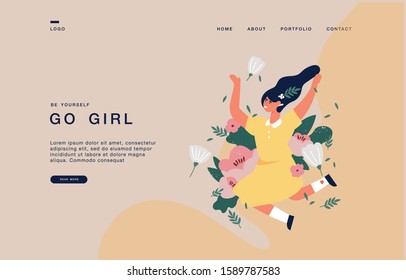 Landing page template for websites with girl jumping with flowers and blossom, leaves. Cocept happy woman enjoying yourself