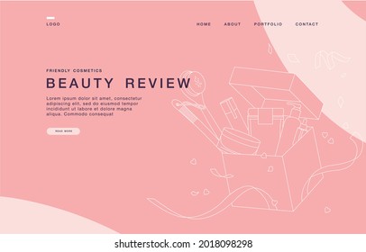Landing page template for websites with linear illustration unpackaging beauty box with cosmetics. Concept of cosmetics review..