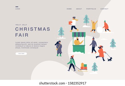 Landing page template for websites with people enjoying their time outdoors in Christmas fair. Cartoon Christmas concept banner illustration