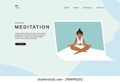 Landing page template for websites with vector illustration girl doing yoga exercising at home, online courses