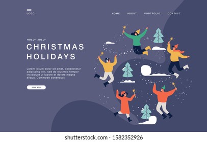 Landing page template for websites with warmly dressed people are jumping and holding sparkles. Cartoon Christmas concept banner illustration