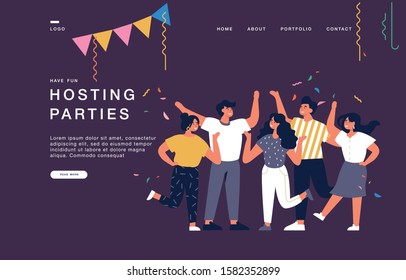 Landing page template for websites with young people having great time. Hosting parties concept banner illustration