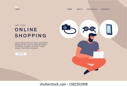 Landing page template for websites young man shopping online by laptop, browsing devices. Online shopping concept banner illustration