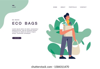 Landing page template for websites with young man are carrying eco bags with purchases. Eco grocery shopping concept banner illustration