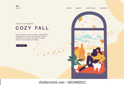 Landing page template for websites with young woman sitting in the window and drinking tea or coffee. Fall season conception