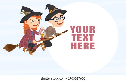 Landing Page Template with Witch and witcher fly on brooms. Vector